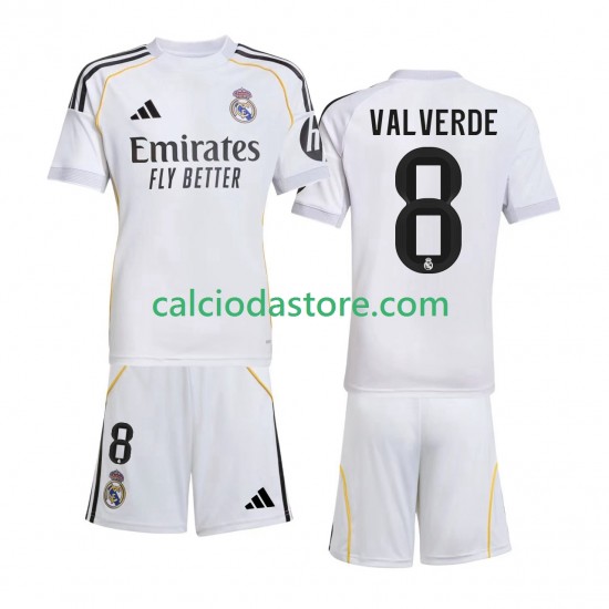 Maglia Real Madrid Valverde 8 Gara Home Completo Bambino 2-13 Anni 2025-2026 MC Maglia Real Madrid Valverde 8 Gara Home Completo Bambino 2-13 Anni 2025-2026 MC