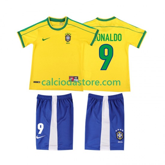 Maglia Brasile Ronaldo 9 Retro Gara Home Completo Bambino 2-13 Anni 1998 MC
