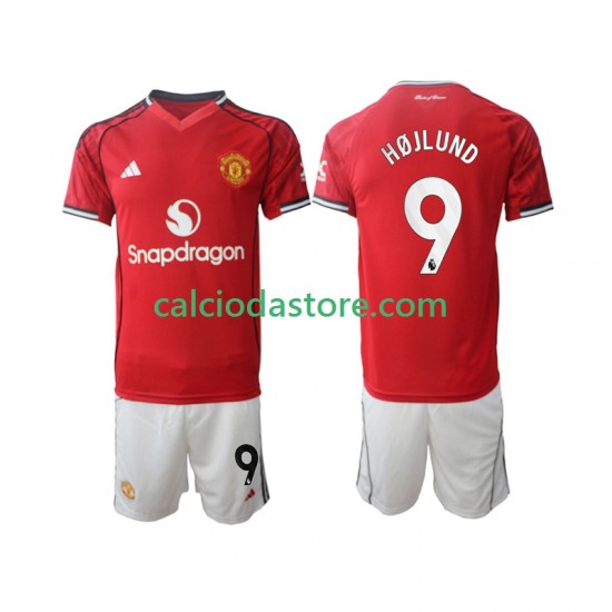 Maglia Manchester United Rasmus Hojlund 9 Gara Home Completo Bambino 2-13 Anni 2025-2026 MC